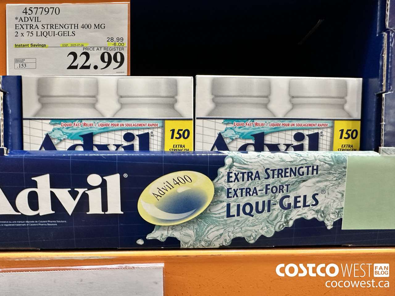 4577970 ADVIL EXTRA STRENGTH 400MG 2 X 75 LIQUI-GELS ($6.00 INSTANT SAVINGS EXPIRES ON 2025-07-06) $22.99