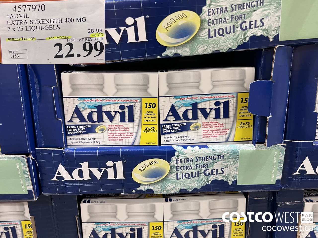 4577970 ADVIL EXTRA STRENGTH 400MG 2 X 75 LIQUI-GELS ($6.00 INSTANT SAVINGS EXPIRES ON 2025-07-06) $22.99