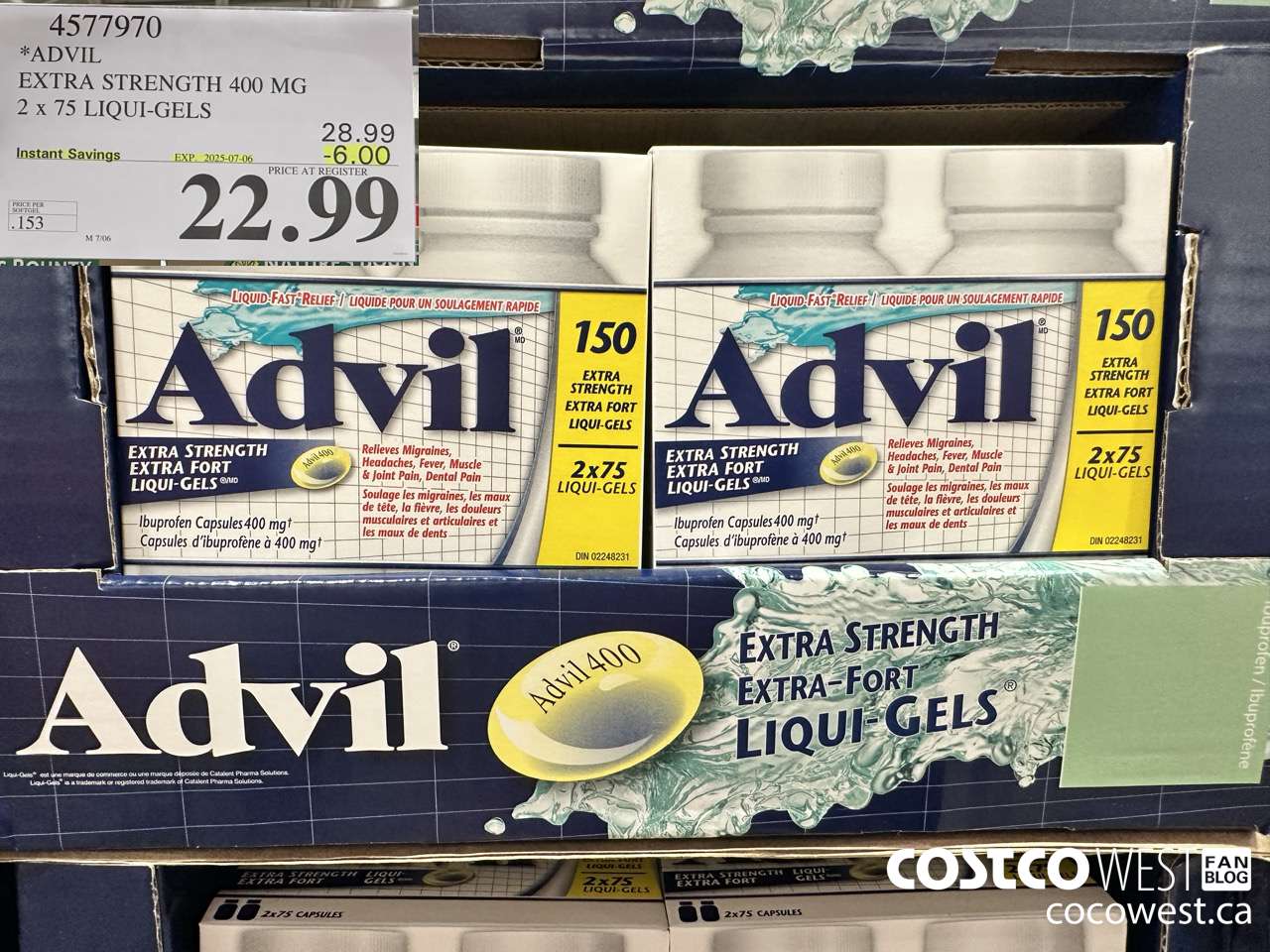4577970 ADVIL EXTRA STRENGTH 400MG 2 X 75 LIQUI-GELS ($6.00 INSTANT SAVINGS EXPIRES ON 2025-07-06) $22.99