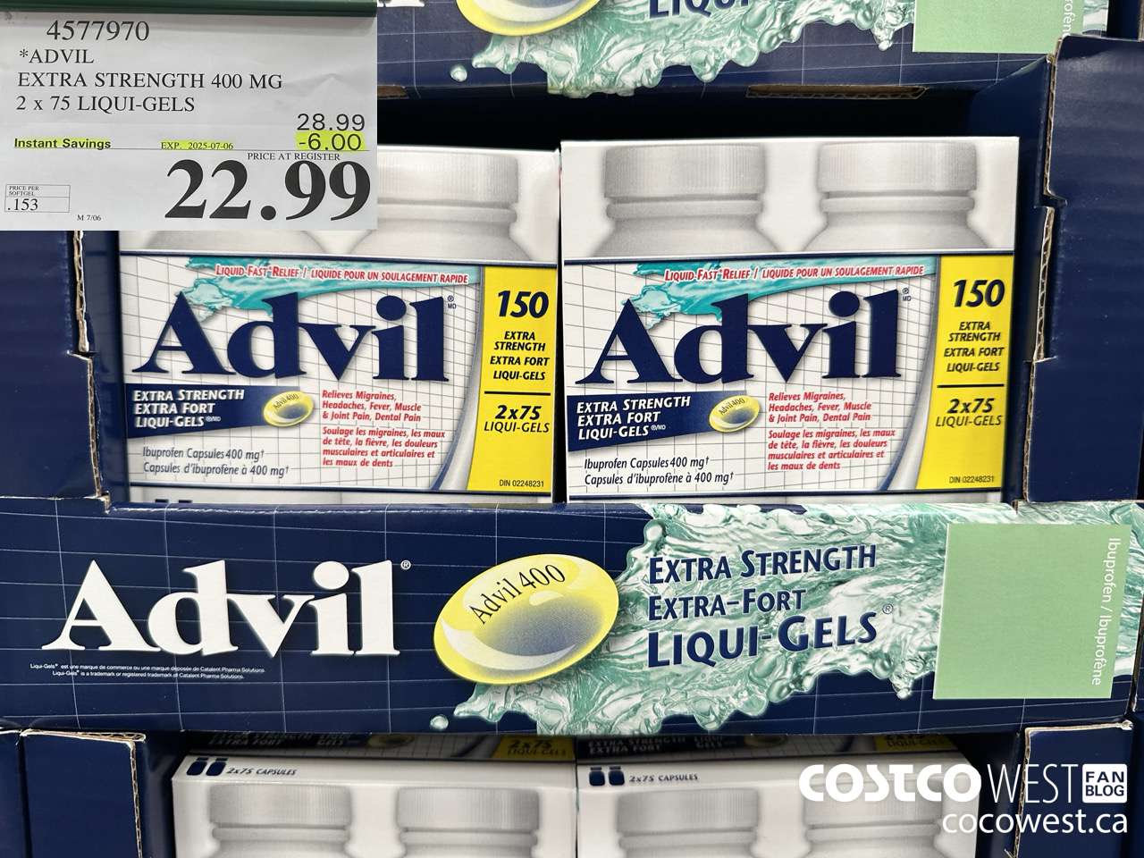 4577970 ADVIL EXTRA STRENGTH 400MG 2 X 75 LIQUI-GELS ($6.00 INSTANT SAVINGS EXPIRES ON 2025-07-06) $22.99