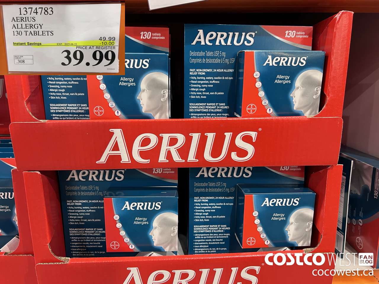 1374783 AERIUS ALLERGY 130 TABLETS ($10.00 INSTANT SAVINGS EXPIRES ON 2025-06-22) $39.99