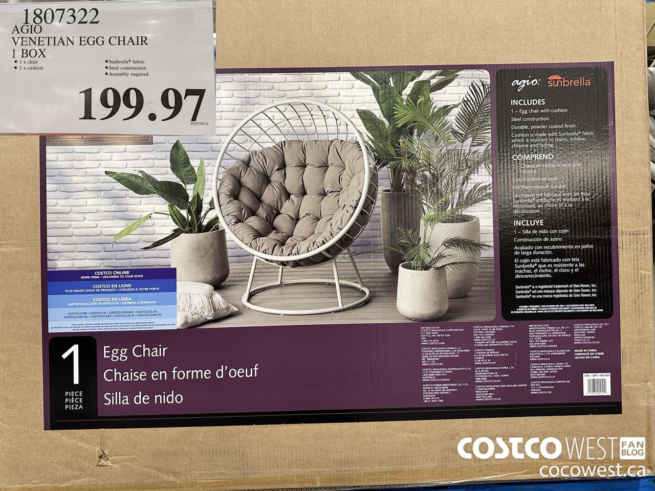 1807322 AGIO VENETIAN EGG CHAIR 1 BOX $199.97