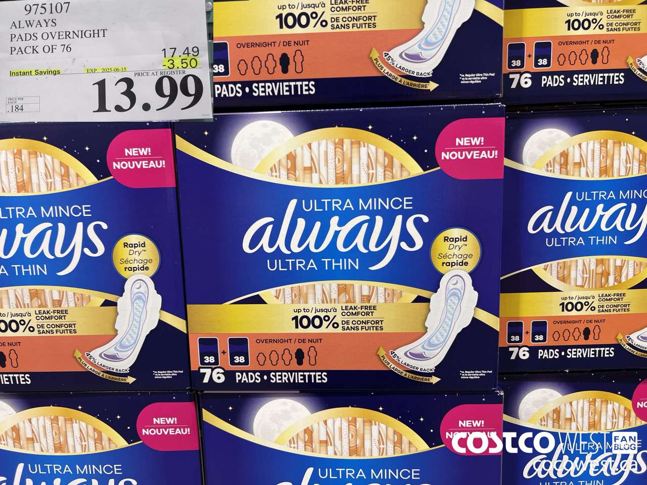 975107 ALWAYS ULTRA THIN PADS OVERNIGHT BOX OF 76 ($3.50 INSTANT SAVINGS EXPIRES ON 2025-06-15) $13.99