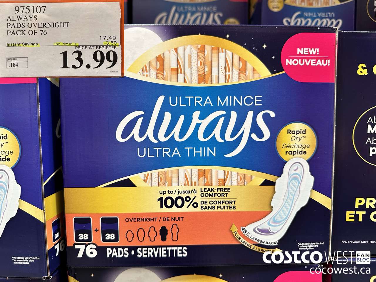 975107 ALWAYS ULTRA THIN PADS OVERNIGHT BOX OF 76 ($3.50 INSTANT SAVINGS EXPIRES ON 2025-06-15) $13.99