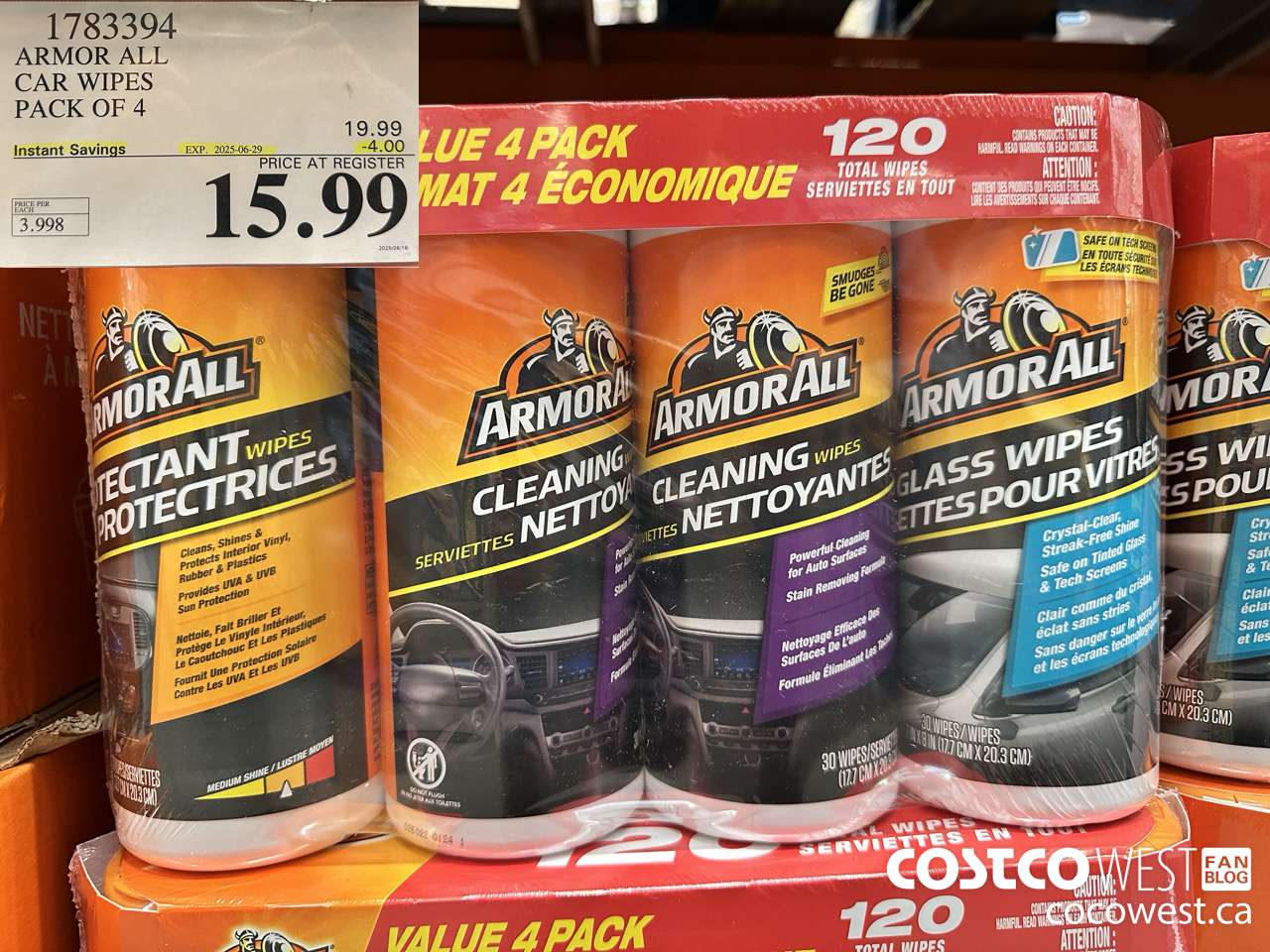 1783394 ARMOR ALL VALUE PACK WIPES 4 PACKS OF 30 ($4.00 INSTANT SAVINGS EXPIRES ON 2025-06-29) $15.99