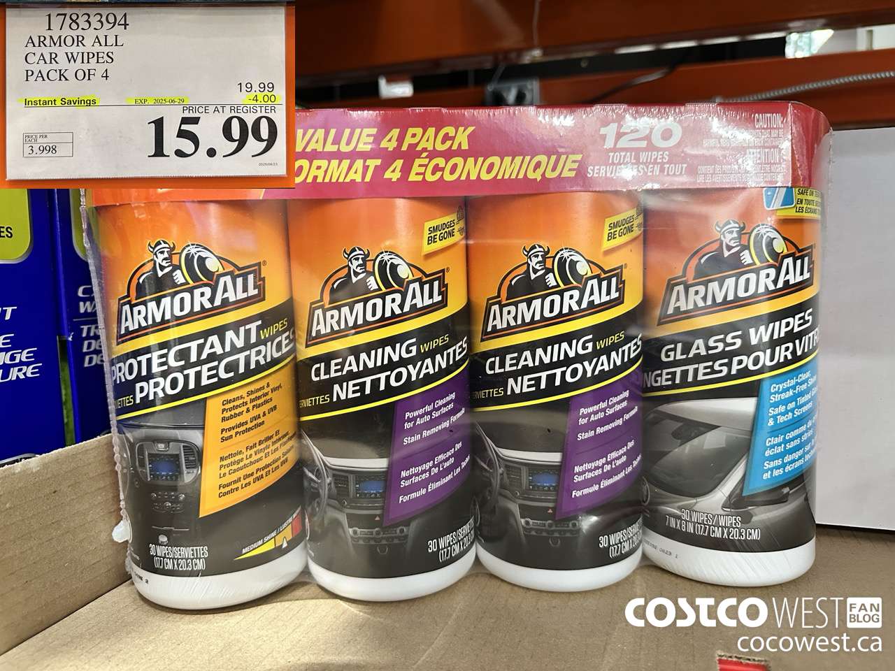 1783394 ARMOR ALL VALUE PACK WIPES 4 PACKS OF 30 ($4.00 INSTANT SAVINGS EXPIRES ON 2025-06-29) $15.99