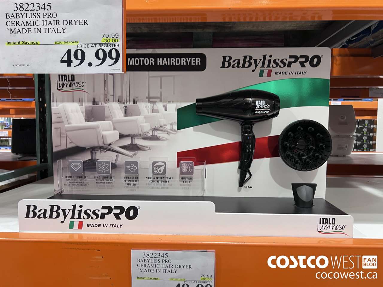 3822345 BABYLISS PRO CERAMIC HAIR DRYER MADE IN ITALY ($30.00 INSTANT SAVINGS EXPIRES ON 2025-06-29) $49.99
