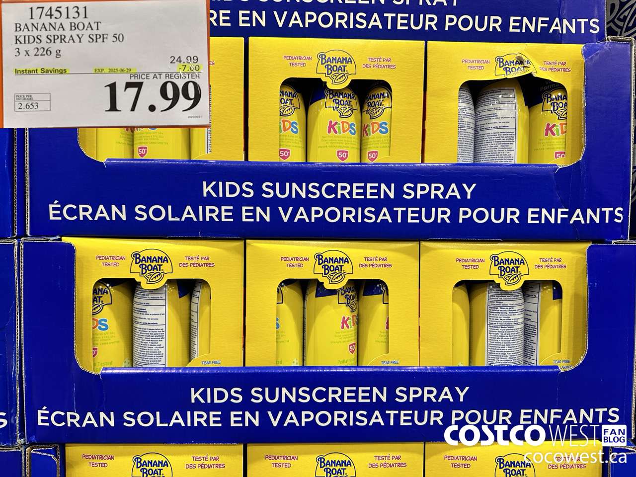 1745131 BANANA BOAT KIDS SPRAY SPF 50 3 X 226 G ($7.00 INSTANT SAVINGS EXPIRES ON 2025-06-29) $17.99