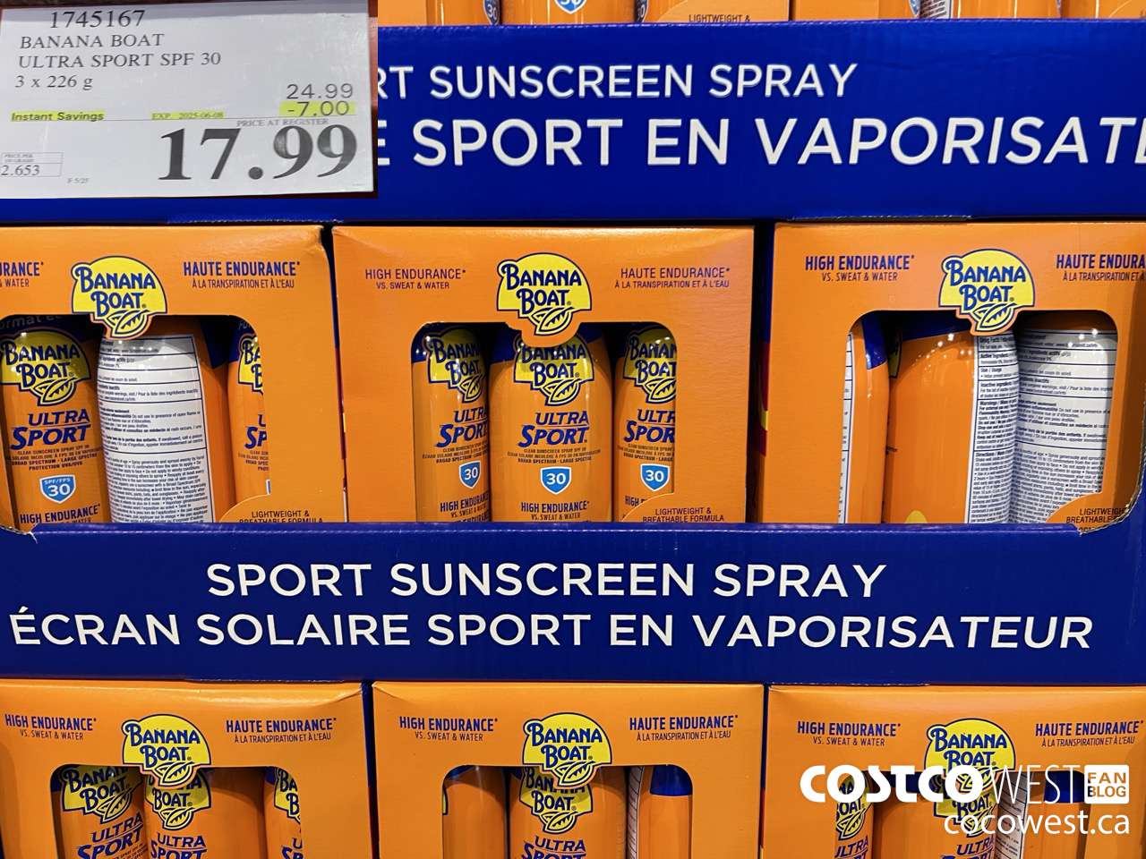 1745167 BANANA BOAT ULTRA SPORT SPF 30 3 X 226 G ($7.00 INSTANT SAVINGS EXPIRES ON 2025-06-08) $17.99