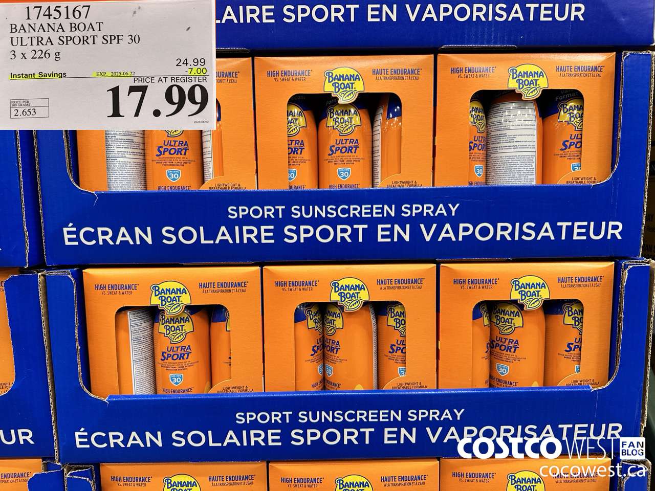 1745167 BANANA BOAT ULTRA SPORT SPF 30 3 X 226 G ($7.00 INSTANT SAVINGS EXPIRES ON 2025-06-22) $17.99