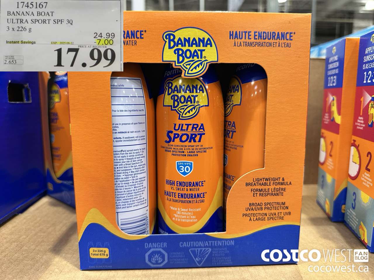 1745167 BANANA BOAT ULTRA SPORT SPF 30 3 X 226 G ($7.00 INSTANT SAVINGS EXPIRES ON 2025-06-22) $17.99