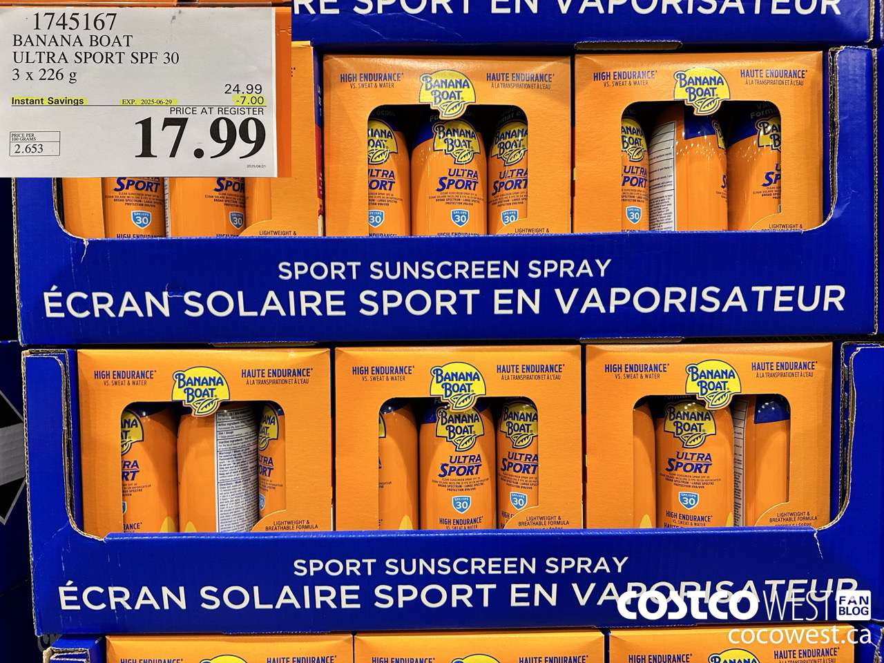 1745167 BANANA BOAT ULTRA SPORT SPF 30 3 X 226 G ($7.00 INSTANT SAVINGS EXPIRES ON 2025-06-29) $17.99