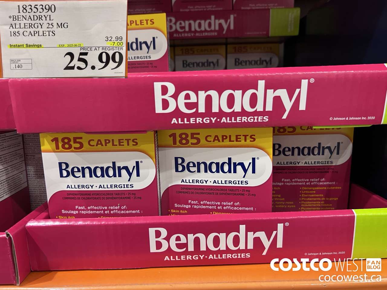 1835390 BENADRYL ALLERGY 25 MG 185 CAPLETS ($7.00 INSTANT SAVINGS EXPIRES ON 2025-06-22) $25.99