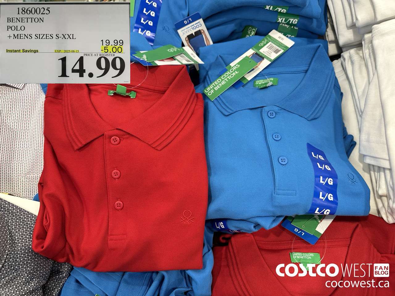1860025 BENETTON POLO MENS SIZES M-XXL ($5.00 INSTANT SAVINGS EXPIRES ON 2025-06-15) $14.99