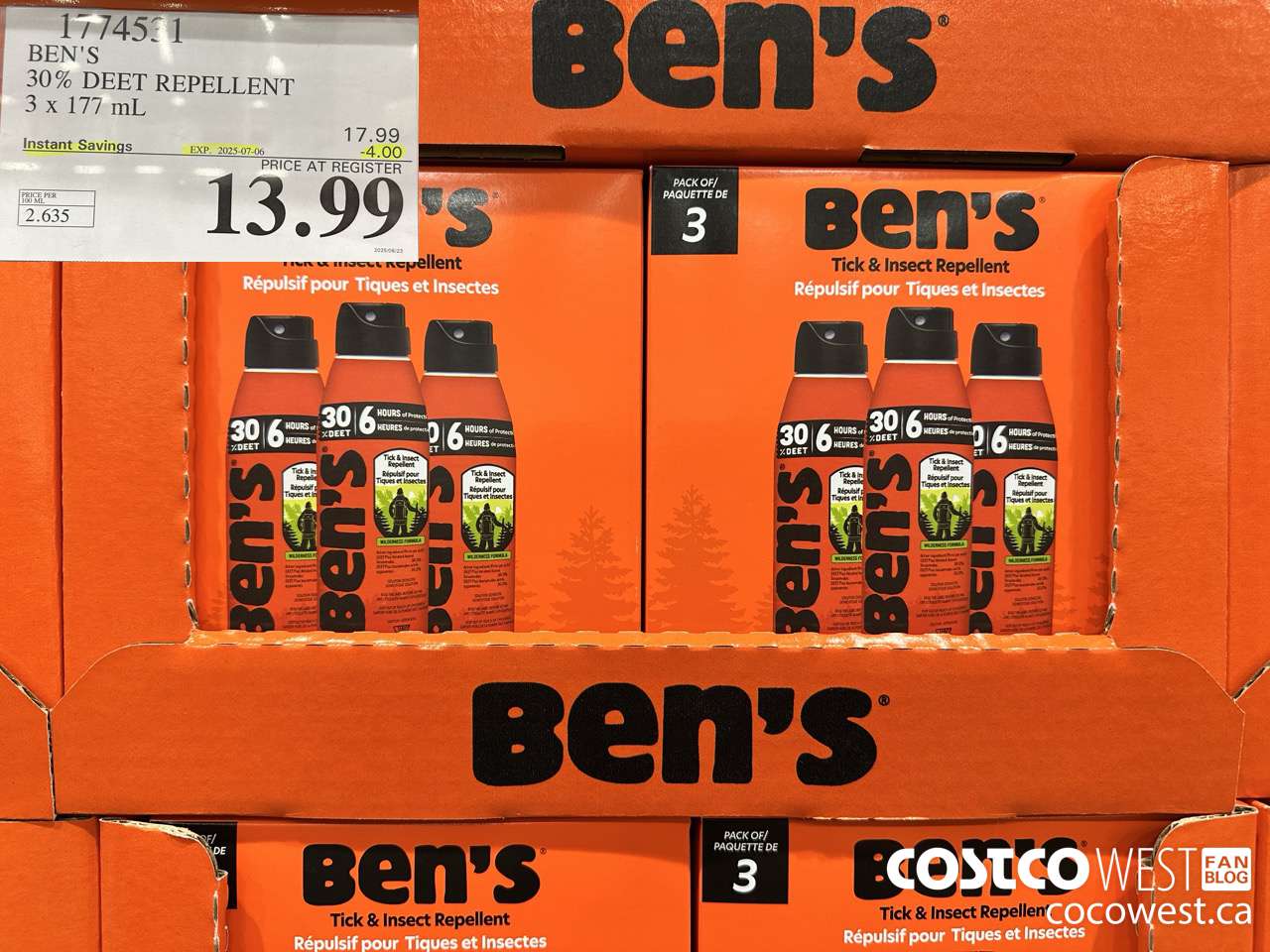1774531 BEN'S 30% DEET REPELLENT 3 x 177 mL ($4.00 INSTANT SAVINGS EXPIRES ON 2025-07-06) $13.99