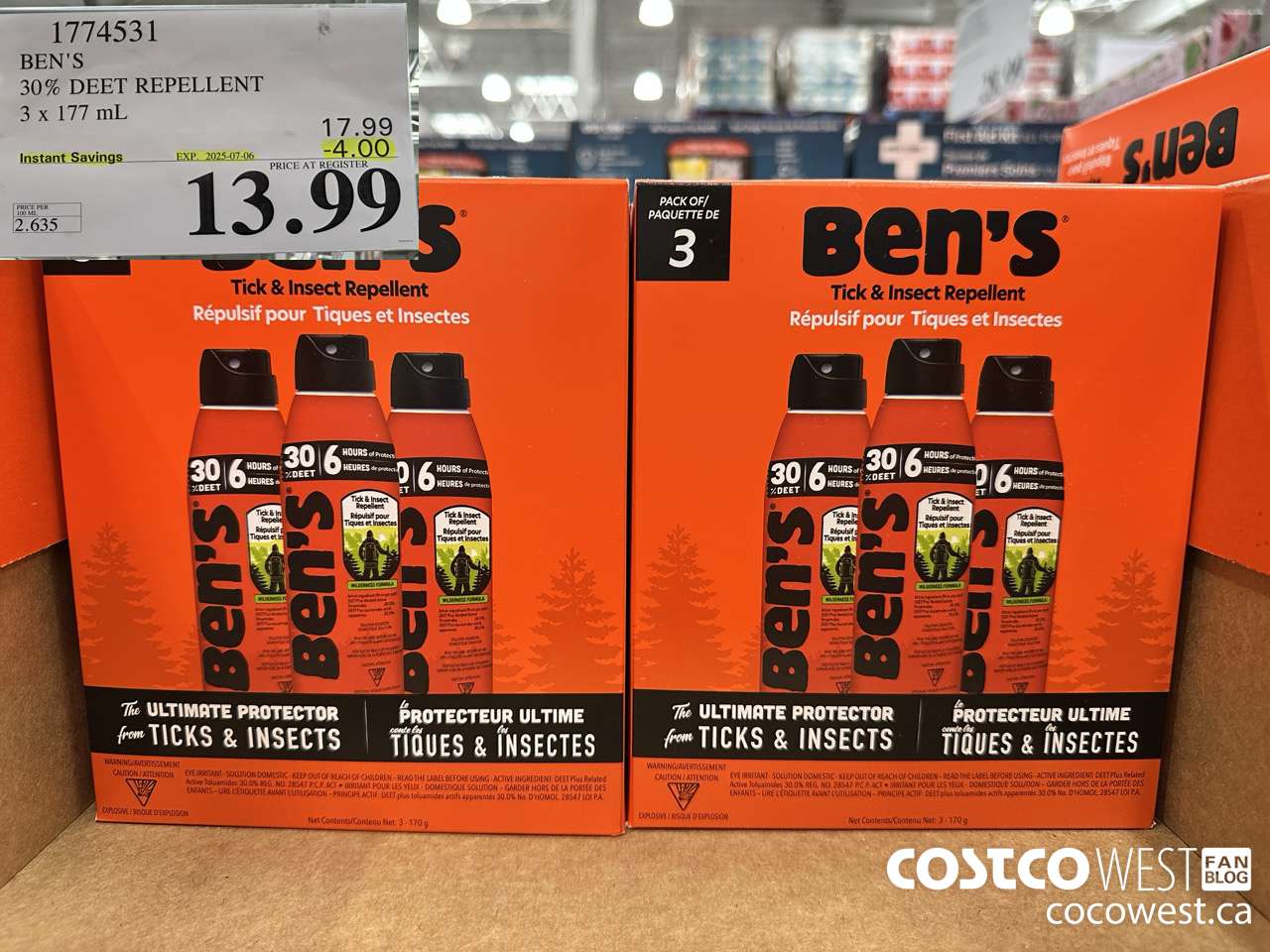 1774531 BEN'S 30% DEET REPELLENT 3 x 177 mL ($4.00 INSTANT SAVINGS EXPIRES ON 2025-07-06) $13.99