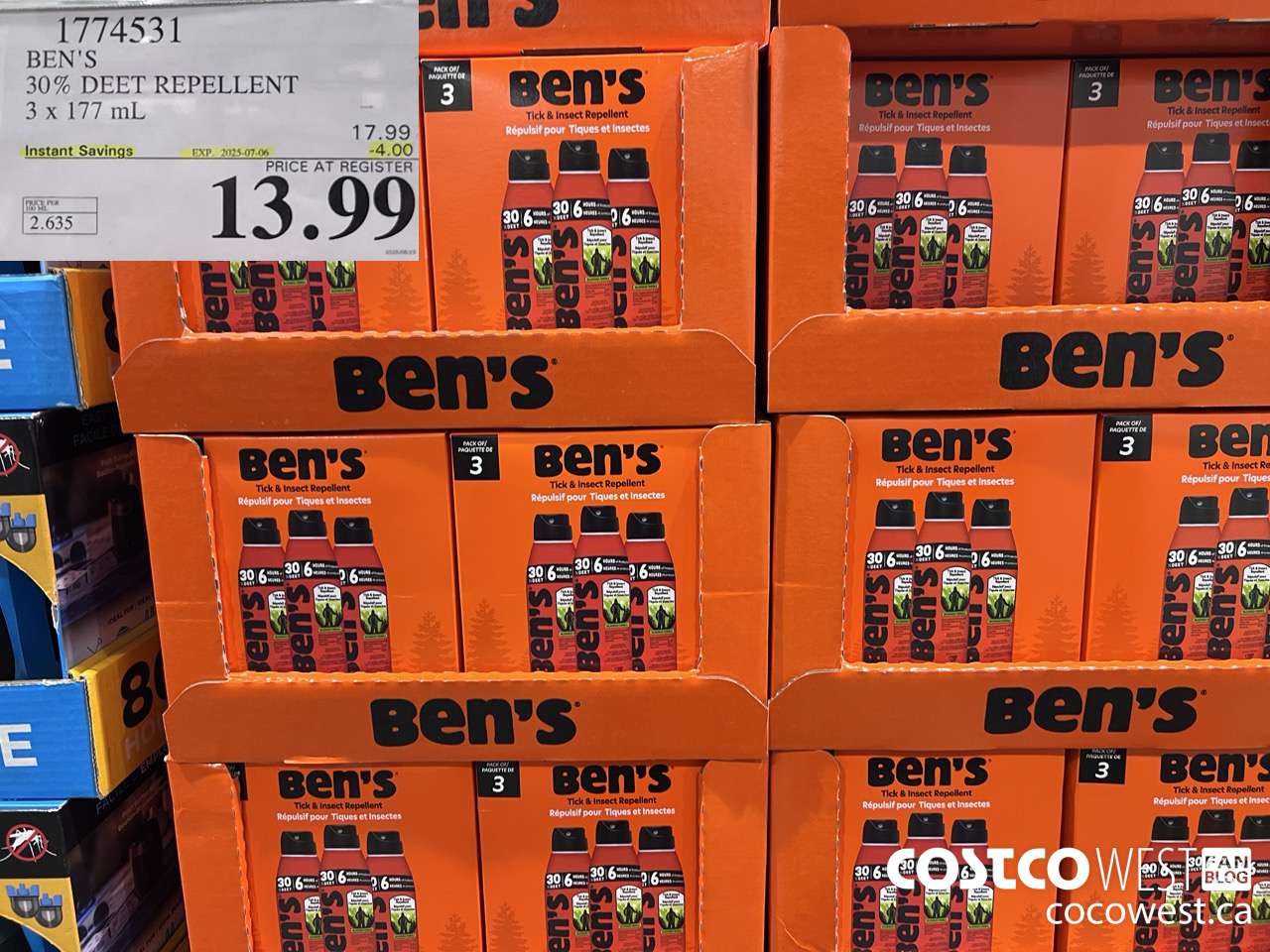 1774531 BEN'S 30% DEET REPELLENT 3 x 177 mL ($4.00 INSTANT SAVINGS EXPIRES ON 2025-07-06) $13.99