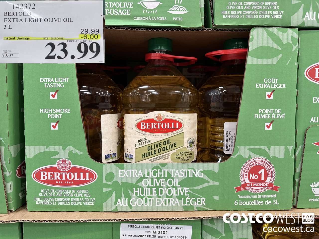 142372 BERTOLLI EXTRA LIGHT OLIVE OIL 3L ($6.00 INSTANT SAVINGS EXPIRES ON 2025-06-08) $23.99