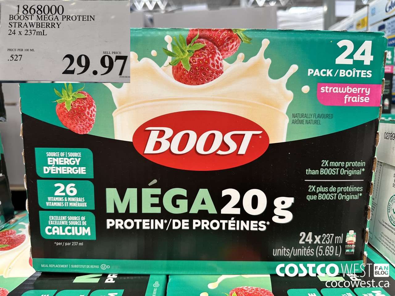 1868000 BOOST MEGA PROTEIN STRAWBERRY 24 X 237ML $29.97