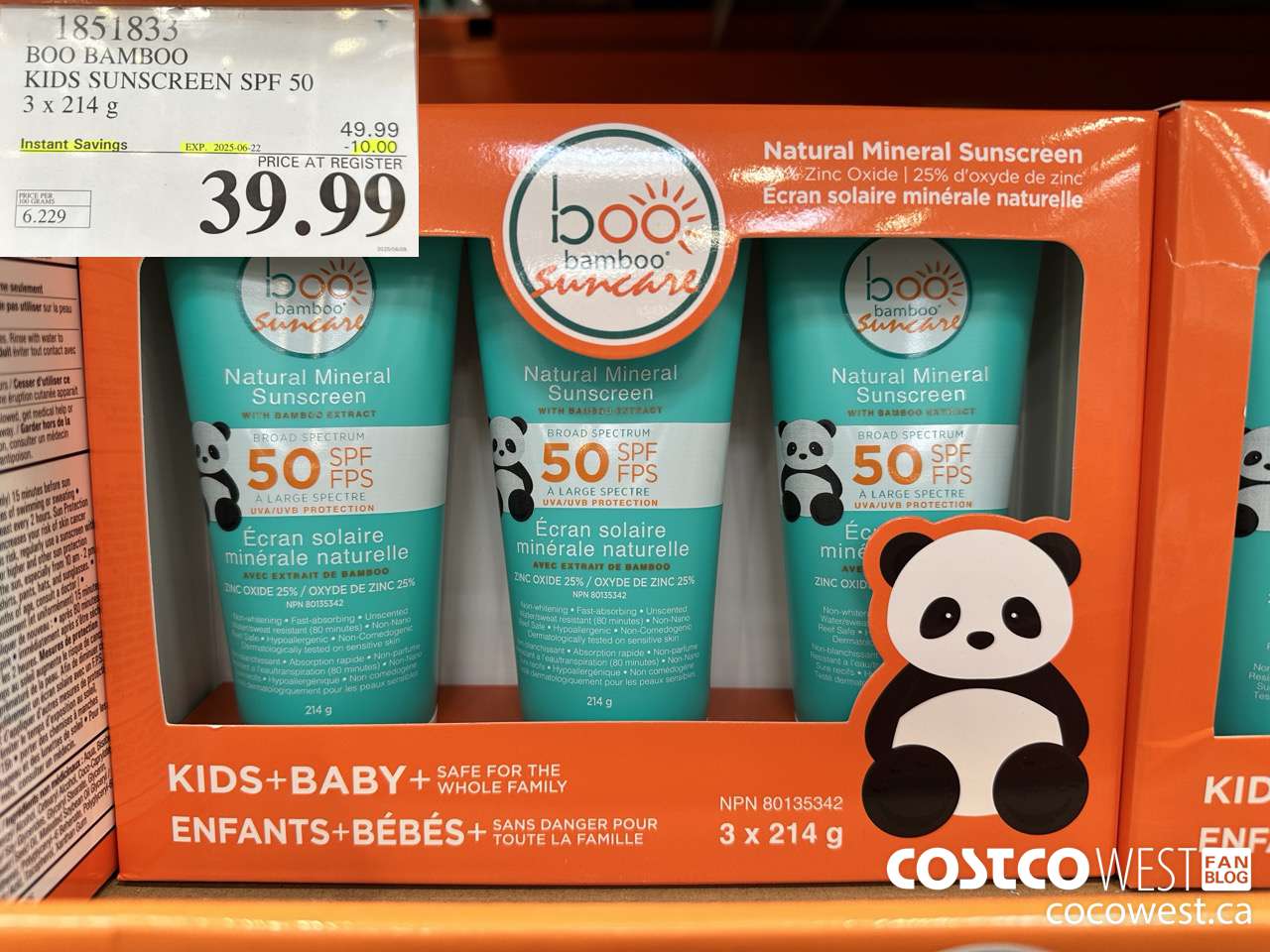 1851833 BOO BAMBOO KIDS SUNSCREEN SPF 50 3 X 214G ($10.00 INSTANT SAVINGS EXPIRES ON 2025-06-22) $39.99