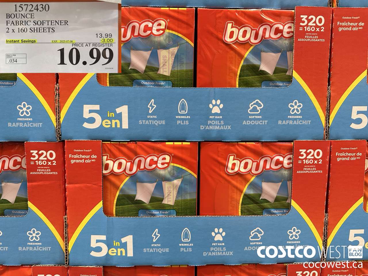 1572430 BOUNCE FABRIC SOFTENER 2 X 160 SHEETS ($3.00 INSTANT SAVINGS EXPIRES ON 2025-07-06) $10.99