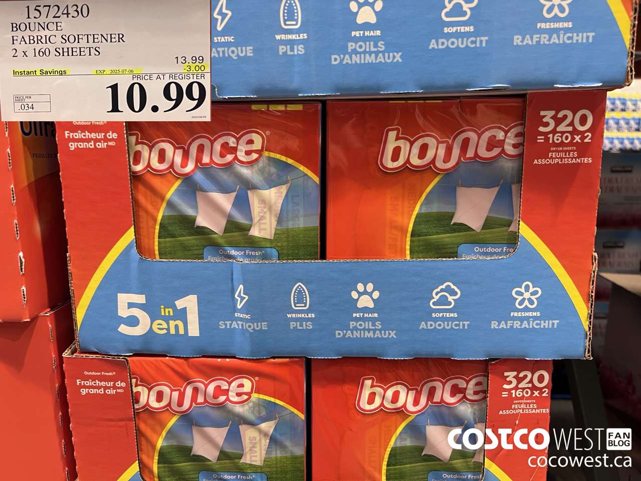 1572430 BOUNCE FABRIC SOFTENER 2 X 160 SHEETS ($3.00 INSTANT SAVINGS EXPIRES ON 2025-07-06) $10.99