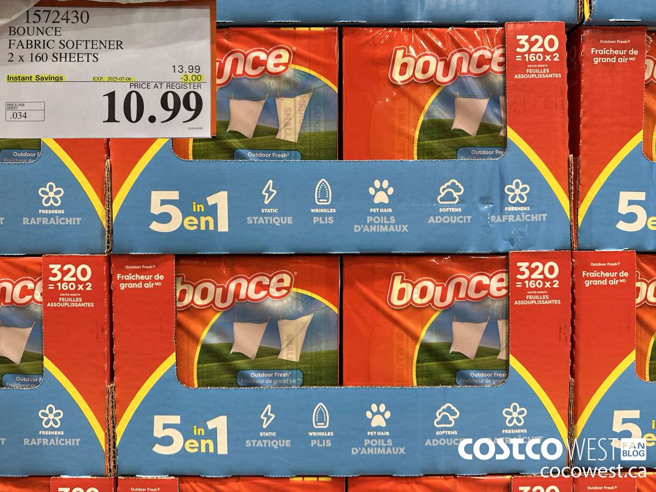 1572430 BOUNCE FABRIC SOFTENER 2 X 160 SHEETS ($3.00 INSTANT SAVINGS EXPIRES ON 2025-07-06) $10.99