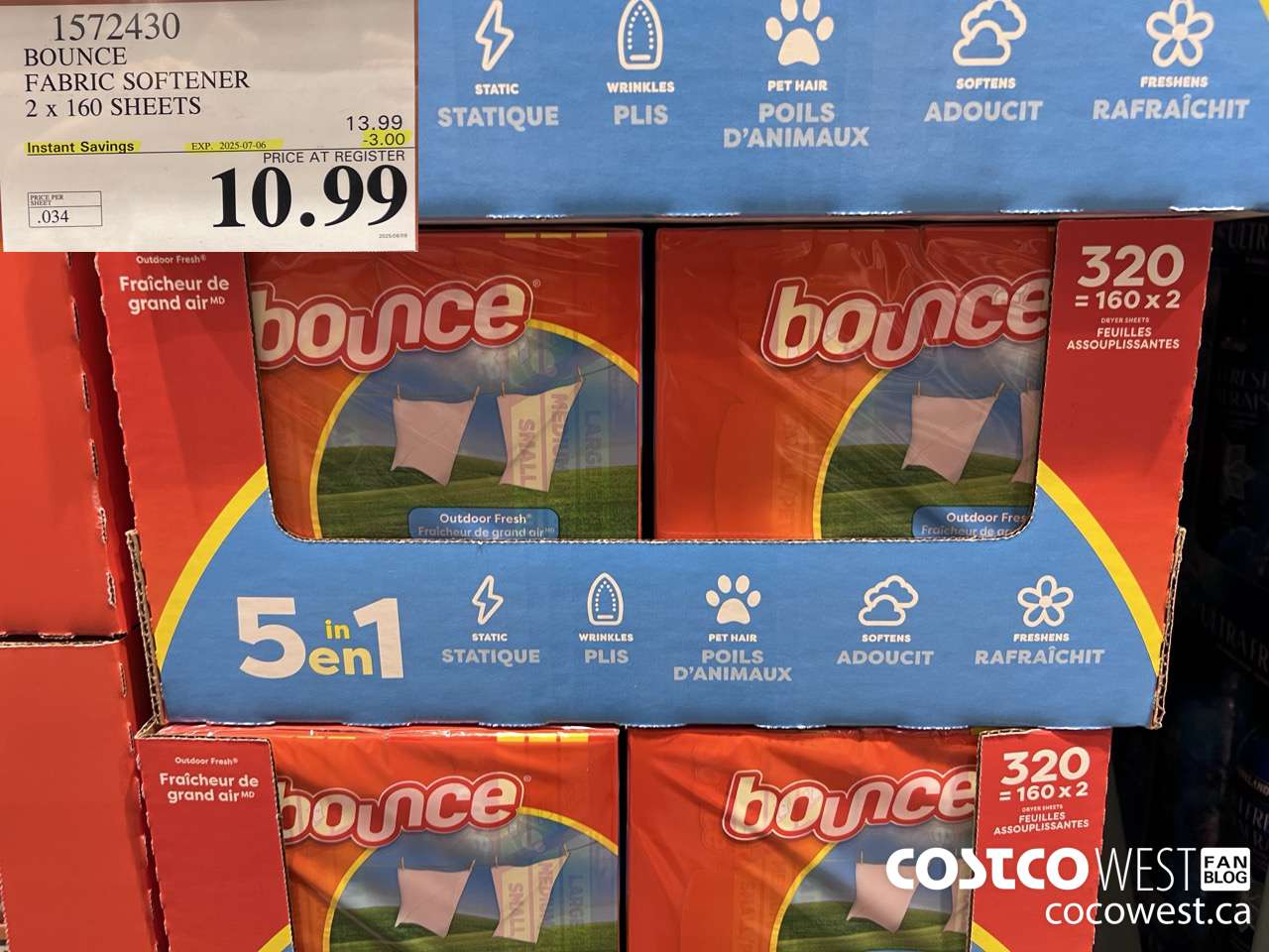1572430 BOUNCE FABRIC SOFTENER 2 X 160 SHEETS ($3.00 INSTANT SAVINGS EXPIRES ON 2025-07-06) $10.99
