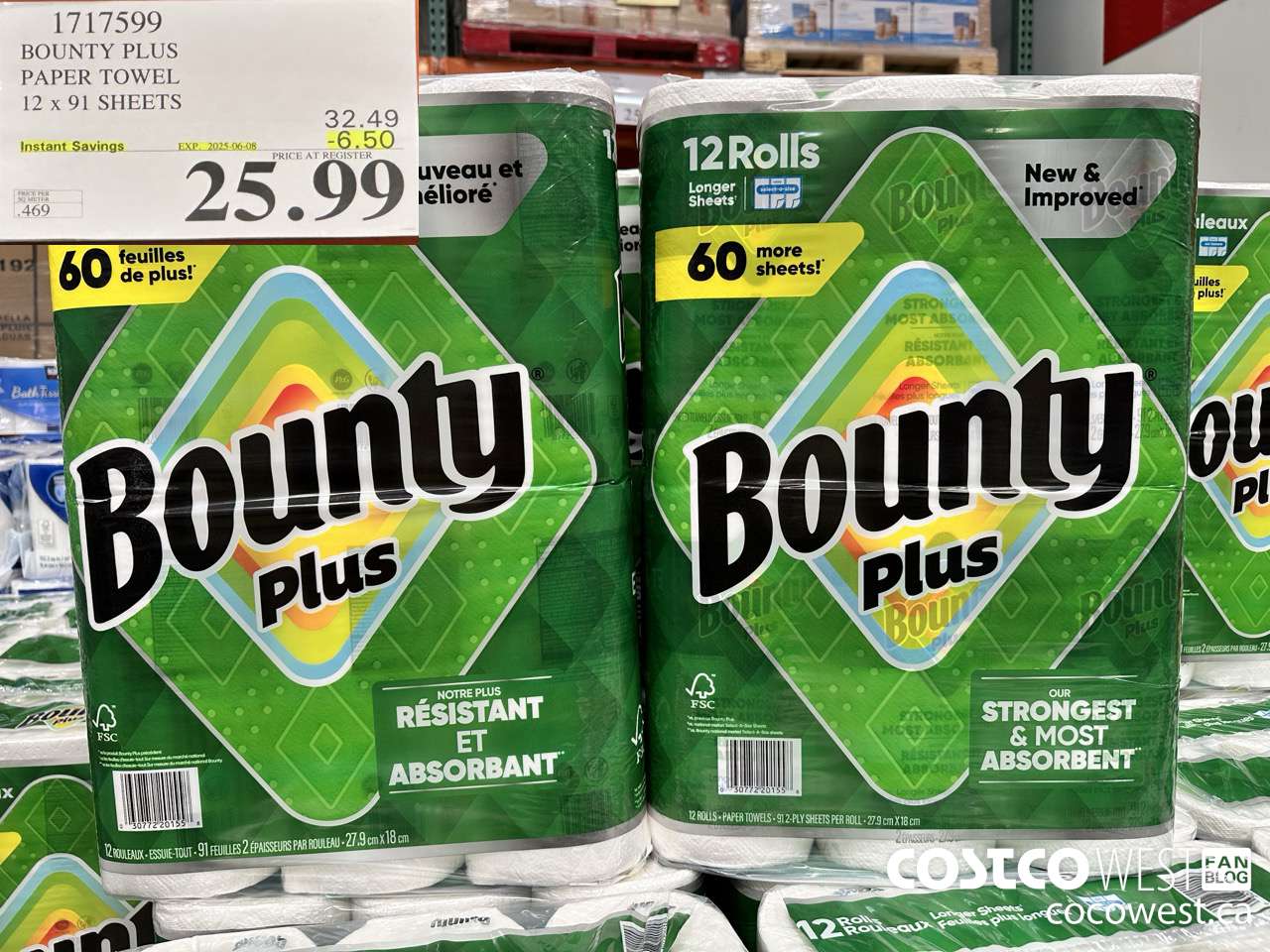1717599 BOUNTY PLUS PAPER TOWEL 12 X 91 SHEETS ($6.50 INSTANT SAVINGS EXPIRES ON 2025-06-08) $25.99