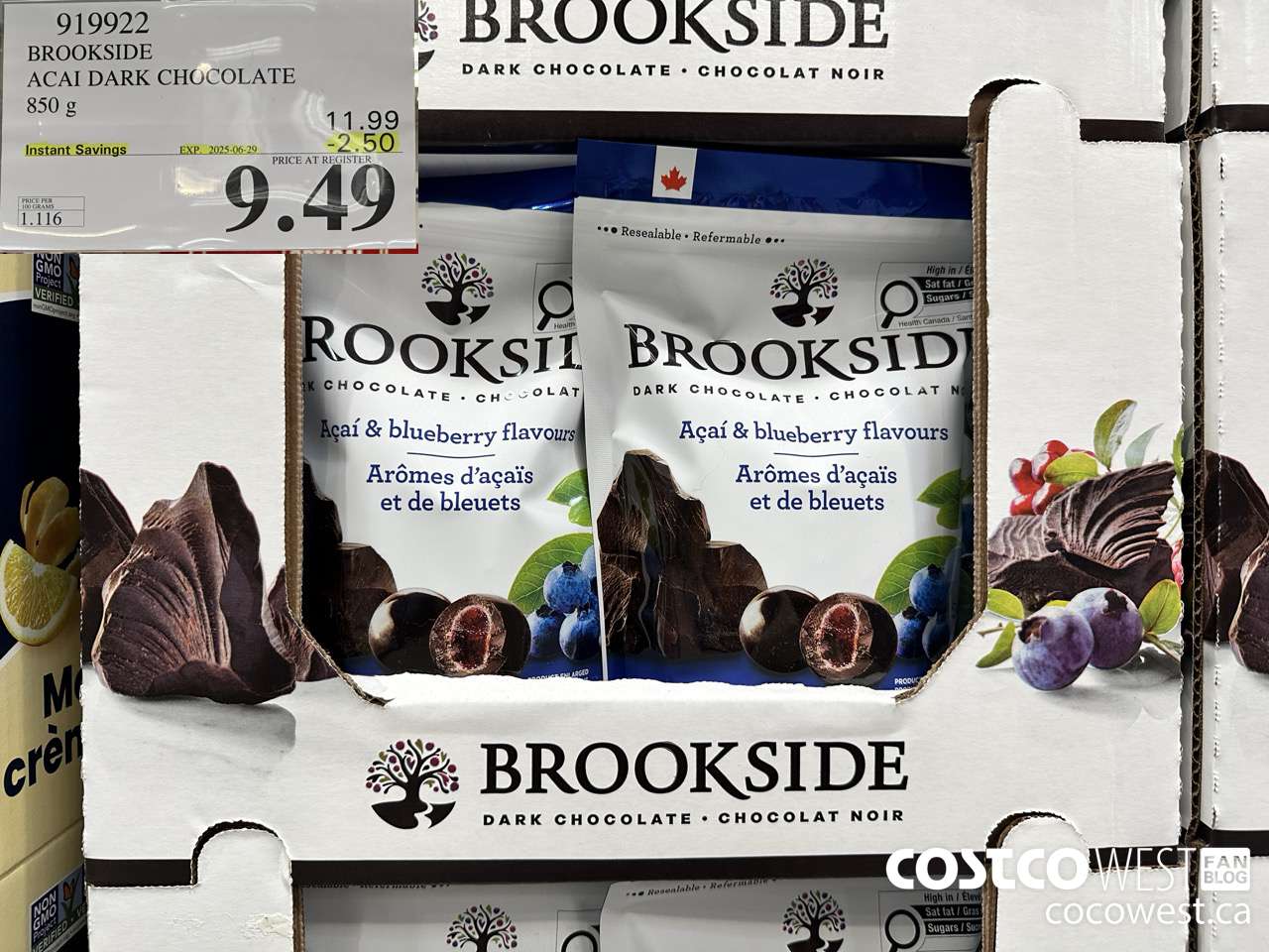 919922 BROOKSIDE ACAI DARK CHOCOLATE 850 g ($2.50 INSTANT SAVINGS EXPIRES ON 2025-06-29) $9.49