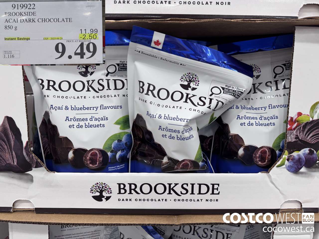 919922 BROOKSIDE ACAI DARK CHOCOLATE 850 g ($2.50 INSTANT SAVINGS EXPIRES ON 2025-06-29) $9.49
