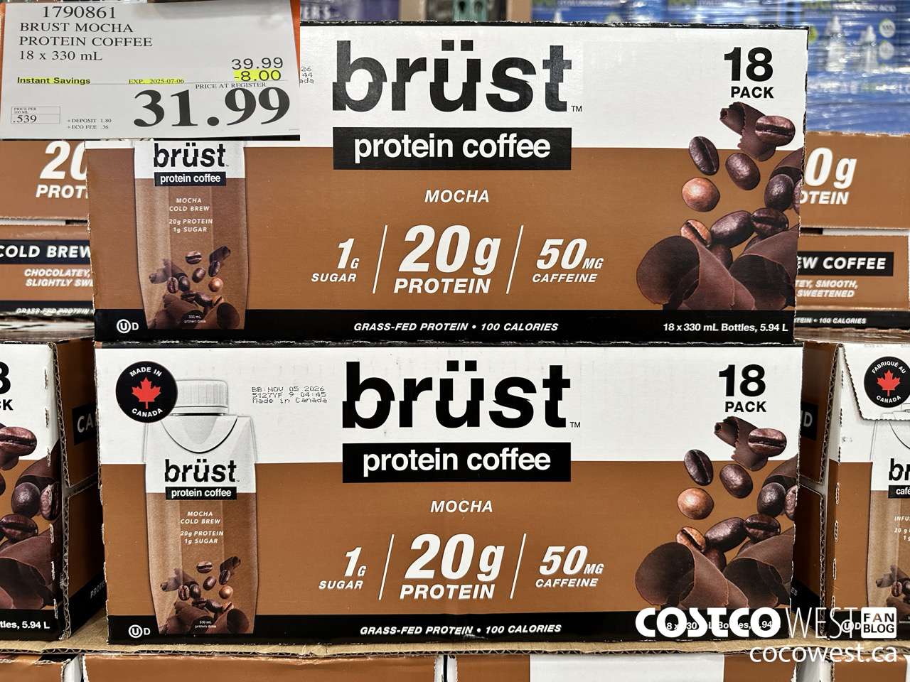 1790861 BRUST MOCHA PROTEIN COFFEE 18 X 330ML ($8.00 INSTANT SAVINGS EXPIRES ON 2025-07-06) $31.99