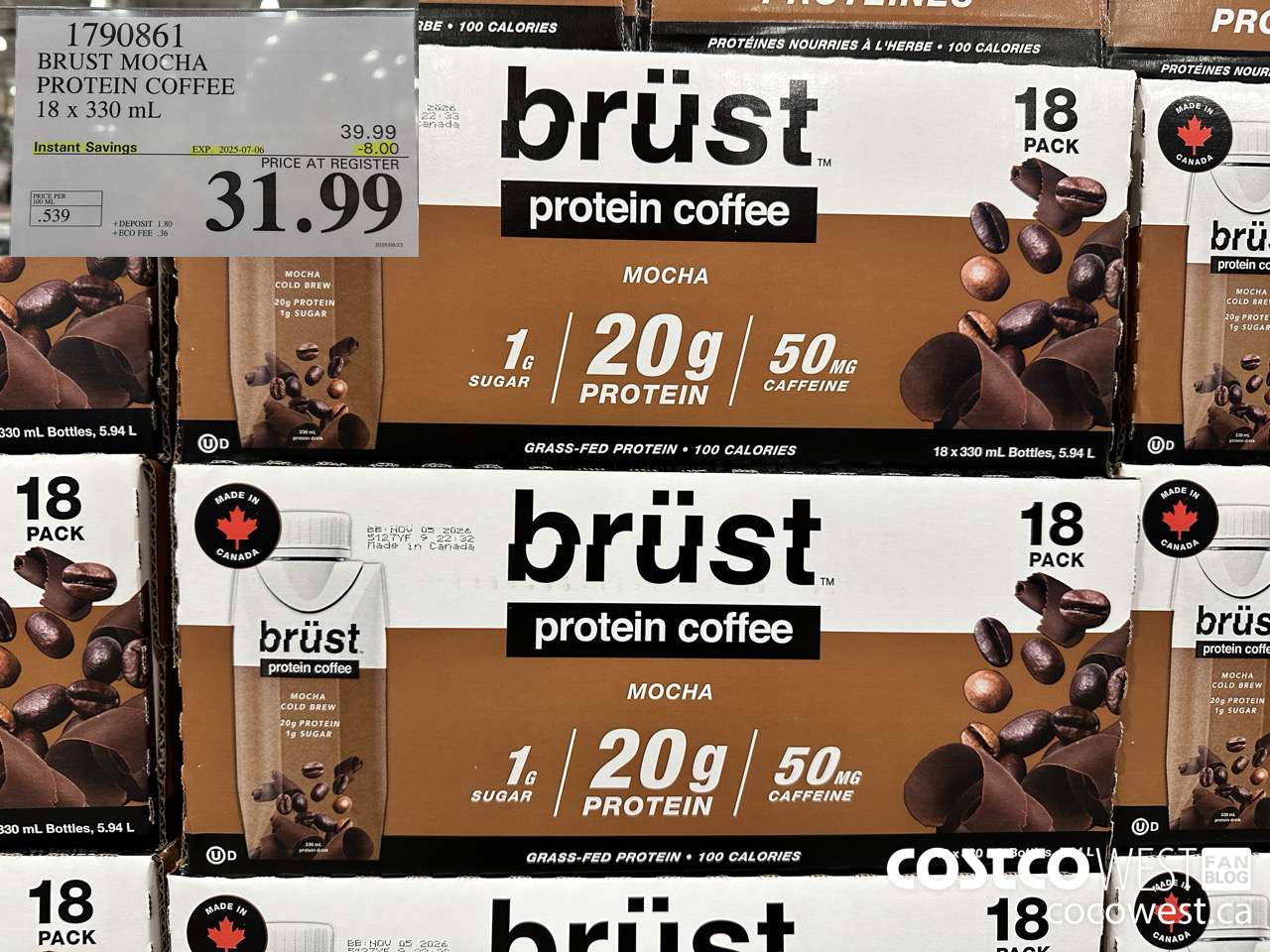 1790861 BRUST MOCHA PROTEIN COFFEE 18 X 330ML ($8.00 INSTANT SAVINGS EXPIRES ON 2025-07-06) $31.99