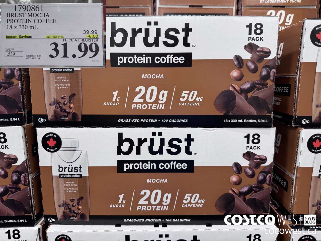 1790861 BRUST MOCHA PROTEIN COFFEE 18 X 330ML ($8.00 INSTANT SAVINGS EXPIRES ON 2025-07-06) $31.99