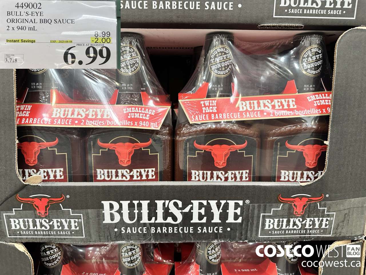 449002 BULLSEYE ORIGINAL BARBECUE SAUCE 2 X 940ML ($2.00 INSTANT SAVINGS EXPIRES ON 2025-06-08) $6.99