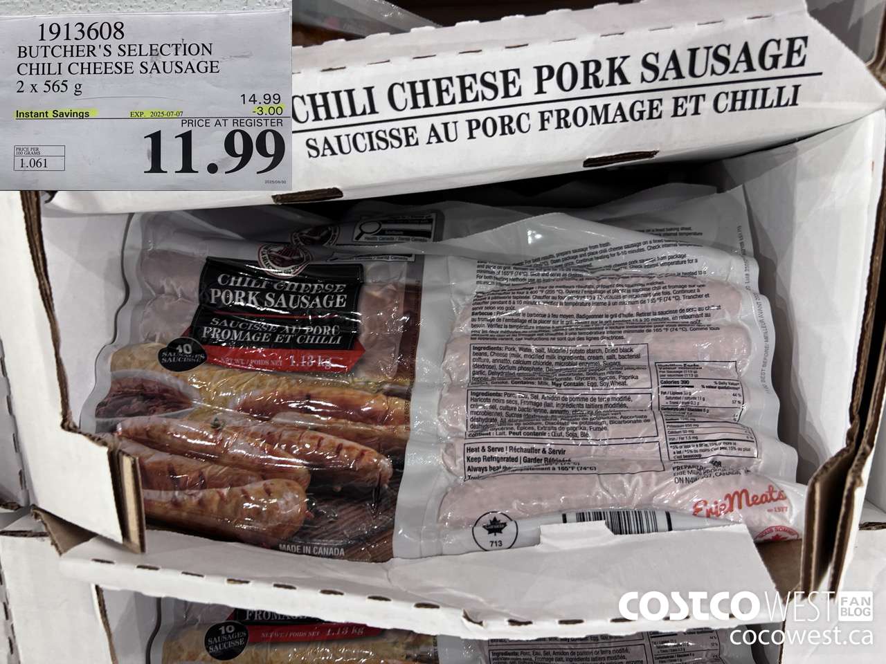 1913608 BUTCHER'S SELECTION CHILI CHEESE SAUSAGE 2 X 545 G ($3.00 INSTANT SAVINGS EXPIRES ON 2025-07-07) $11.99