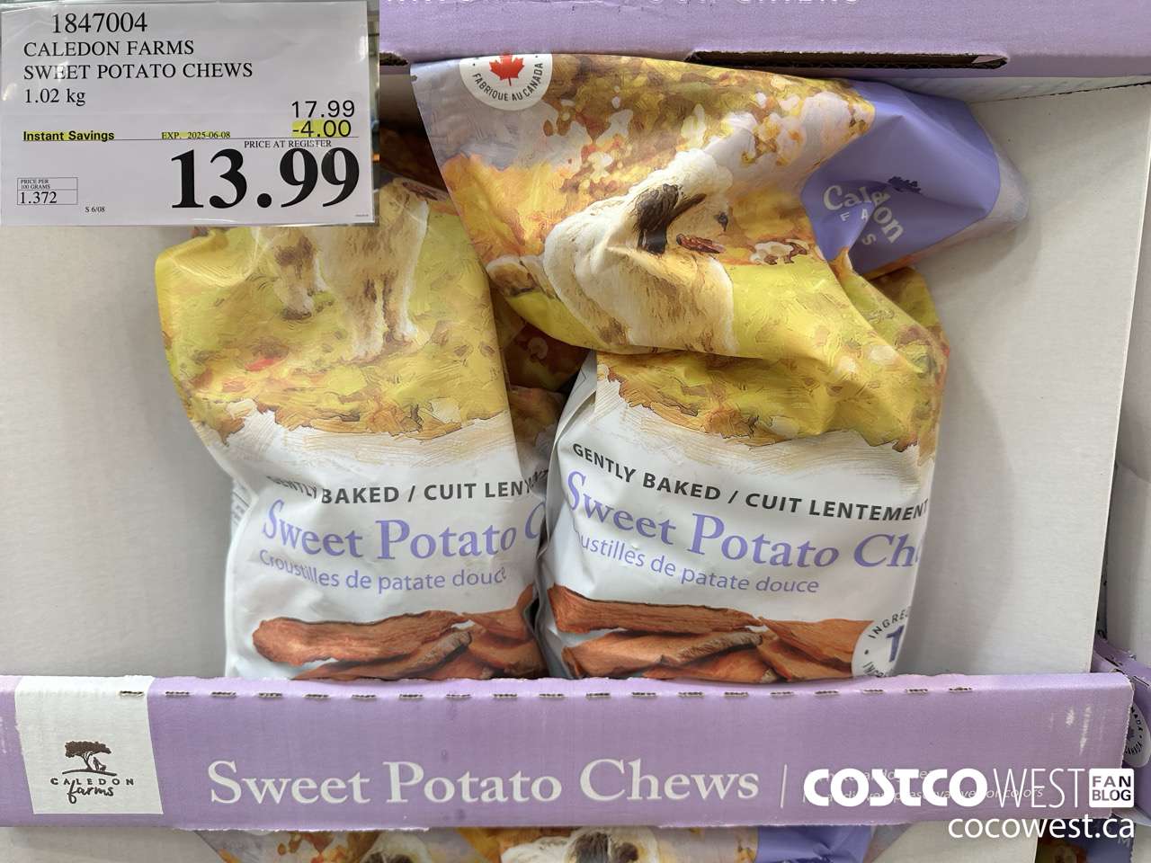 1847004 CALEDON FARMS SWEET POTATO CHEWS 1.02KG ($4.00 INSTANT SAVINGS EXPIRES ON 2025-06-08) $13.99
