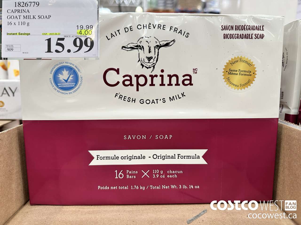 1826779 CAPRINA GOAT MILK SOAP 16 X 110G ($4.00 INSTANT SAVINGS EXPIRES ON 2025-06-22) $15.99