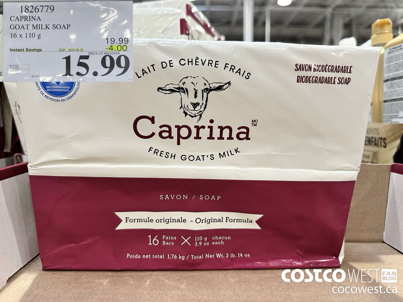 1826779 CAPRINA GOAT MILK SOAP 16 X 110G ($4.00 INSTANT SAVINGS EXPIRES ON 2025-06-22) $15.99