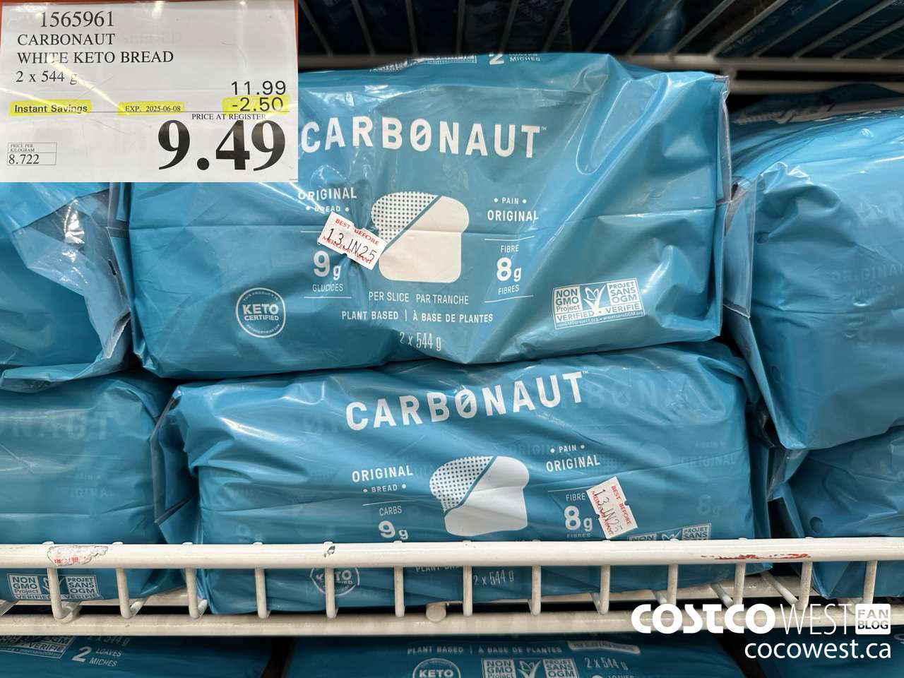 1565961 CARBONAUT WHITE KETO BREAD 2 x 544 g ($2.50 INSTANT SAVINGS EXPIRES ON 2025-06-08) $9.49