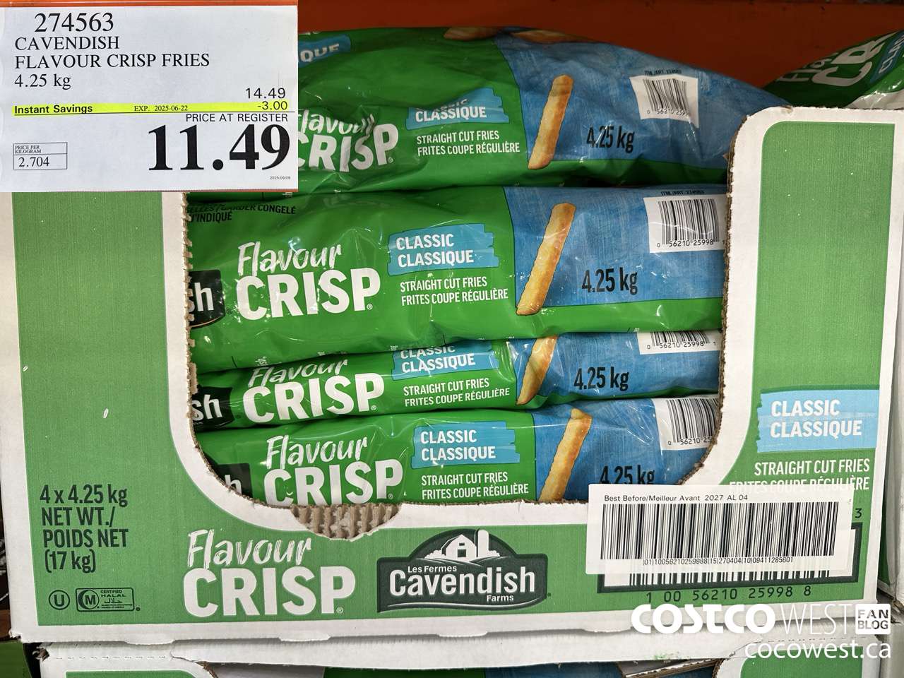 274563 CAVENDISH FLAVOUR CRISP FRIES 4.25 KG ($3.00 INSTANT SAVINGS EXPIRES ON 2025-06-22) $11.49