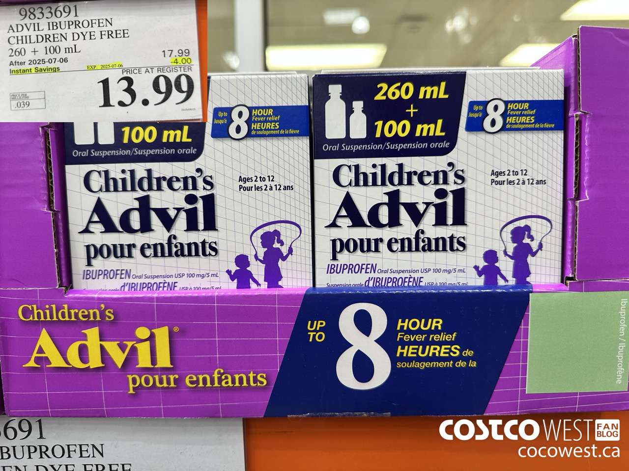 9833691 CHILDREN'S ADVIL ORAL SUSPENSION IBUPROFEN 260+100ML ($4.00 INSTANT SAVINGS EXPIRES ON 2025-07-06) $13.99