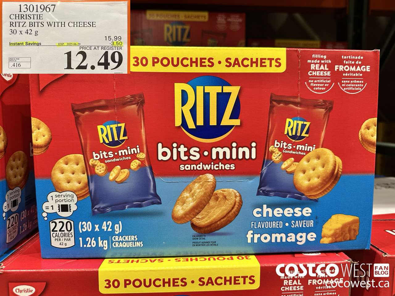 1301967 CHRISTIE RITZ BITS WITH CHEESE 30 x 42 g ($3.50 INSTANT SAVINGS EXPIRES ON 2025-06-29) $12.49
