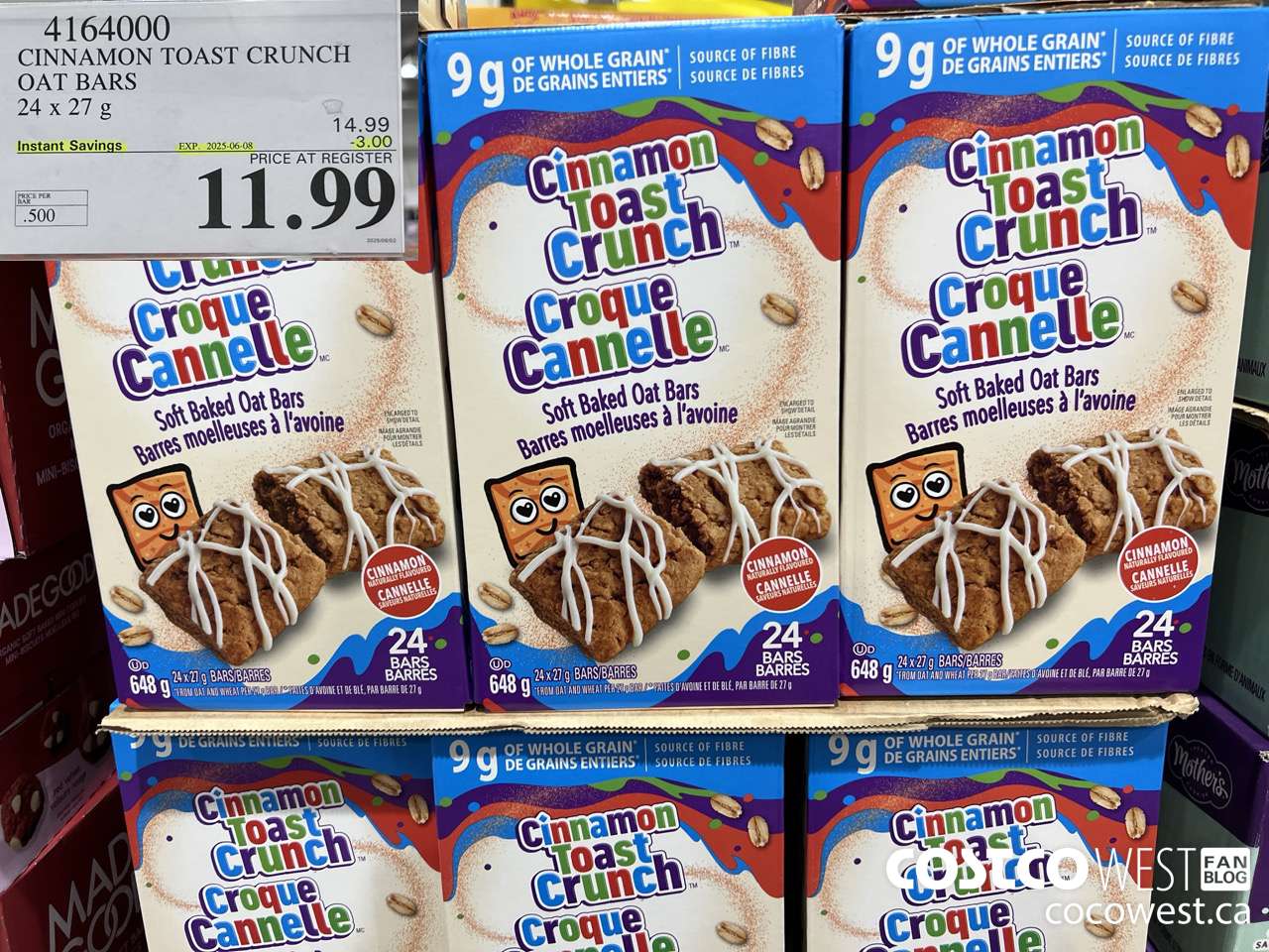 4164000 CINNAMON TOAST CRUNCH OAT BARS 24 X 27G ($3.00 INSTANT SAVINGS EXPIRES ON 2025-06-08) $11.99