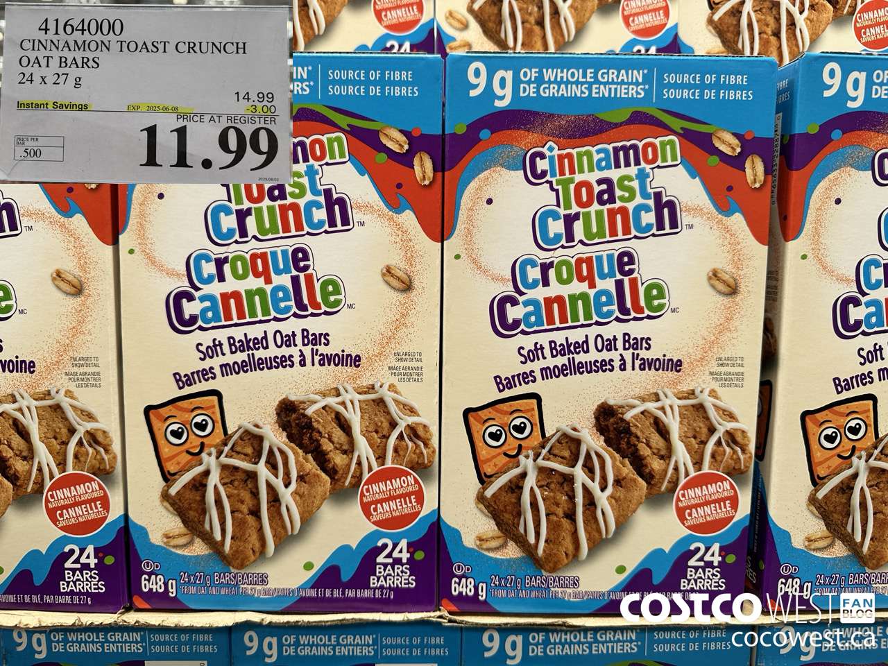 4164000 CINNAMON TOAST CRUNCH OAT BARS 24 X 27G ($3.00 INSTANT SAVINGS EXPIRES ON 2025-06-08) $11.99