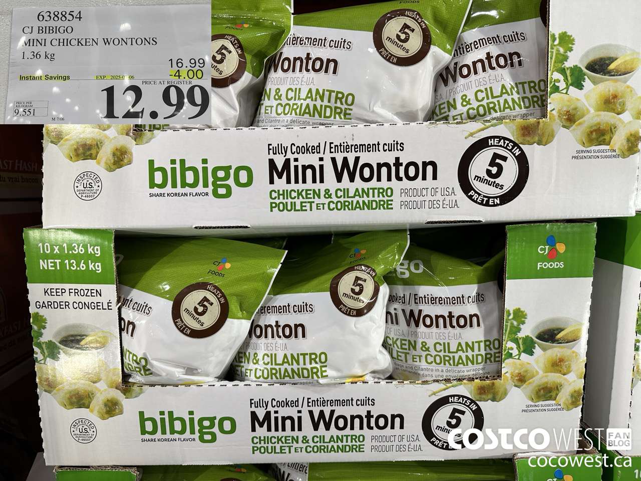 638854 CJ BIBIGO MINI CHICKEN WONTONS 1.36 KG ($4.00 INSTANT SAVINGS EXPIRES ON 2025-07-06) $12.99