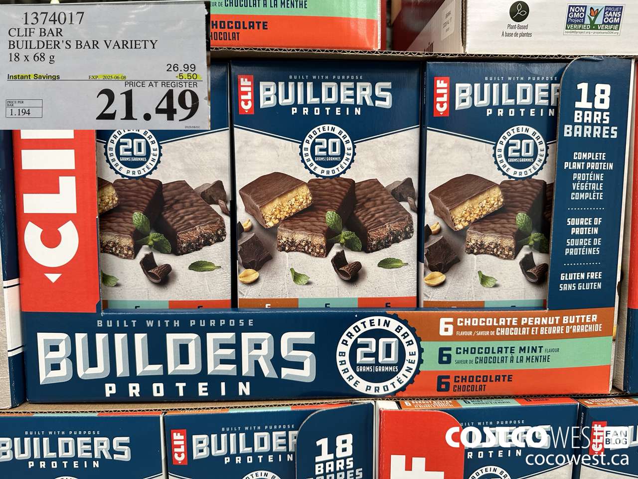 1374017 CLIF BAR BUILDER'S BAR VARIETY 18 x 68 g ($5.50 INSTANT SAVINGS EXPIRES ON 2025-06-08) $21.49