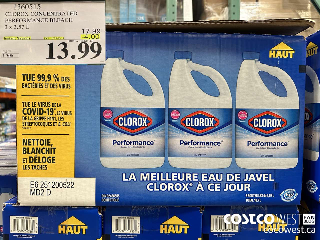 1360515 CLOROX CONCENTRATED PERFORMANCE BLEACH 3 x 3.57 L ($4.00 INSTANT SAVINGS EXPIRES ON 2025-06-15) $13.99