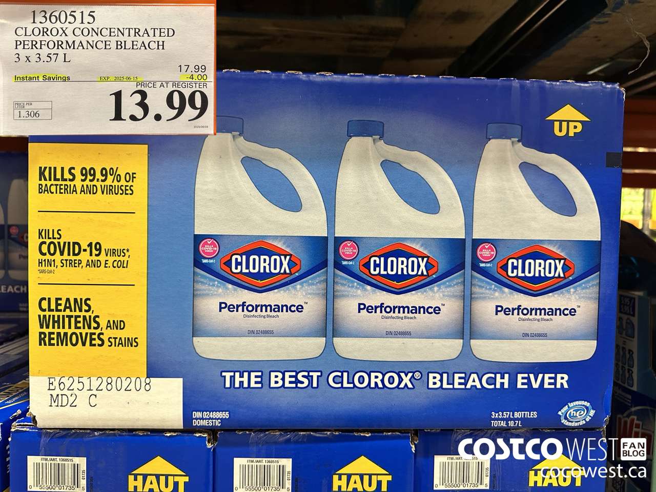 1360515 CLOROX CONCENTRATED PERFORMANCE BLEACH 3 x 3.57 L ($4.00 INSTANT SAVINGS EXPIRES ON 2025-06-15) $13.99