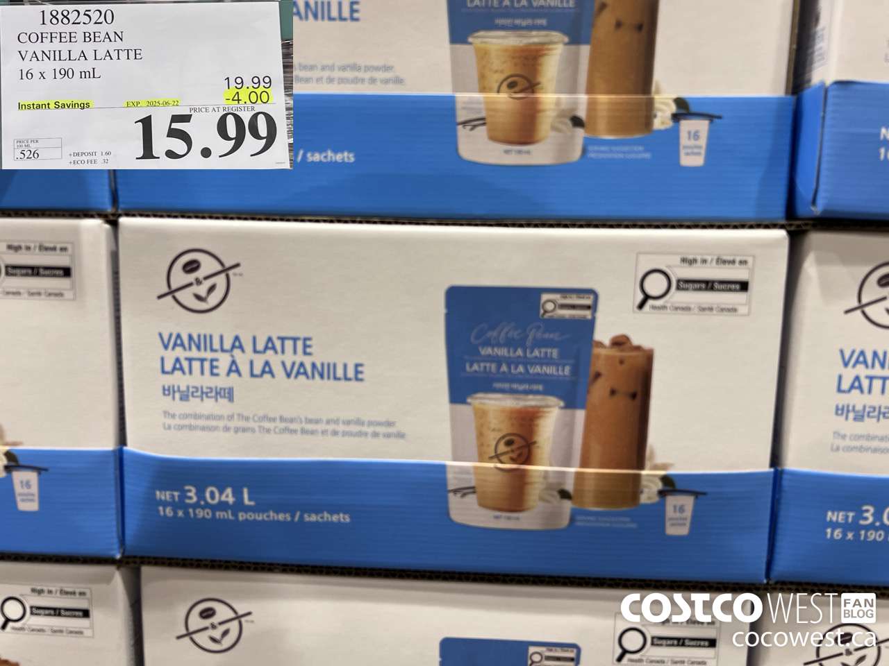 1882520 COFFEE BEAN VANILLA LATTE 16 X 190ML ($4.00 INSTANT SAVINGS EXPIRES ON 2025-06-22) $15.99